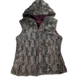 Saeldon Womens Reversible faux fur VEST hooded zip Medium Fall Autumn Layering